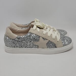 Nature Breeze Dale Silver Glitter Star Fashion Lace Up Sneakers Size 10